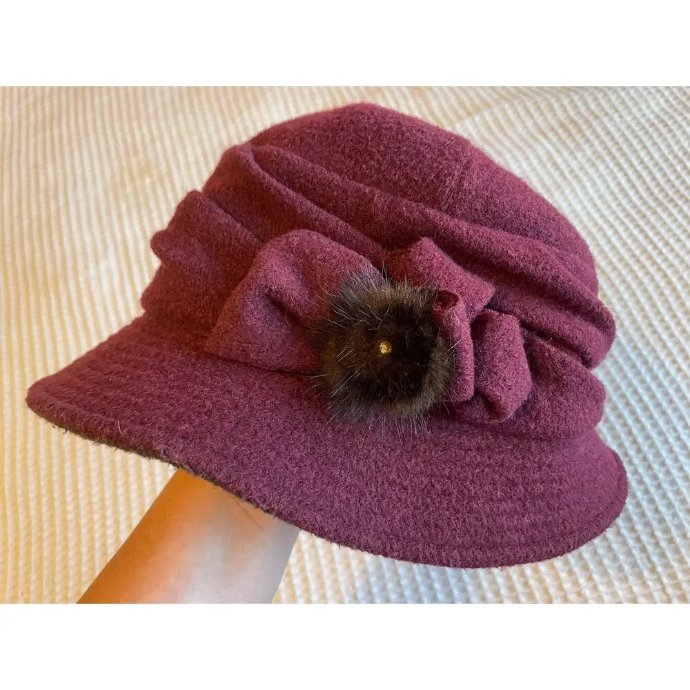 Ramona Paris Purple Burgundy Soft Classic Bucket Hat W/ Fur Pin Detail Glam